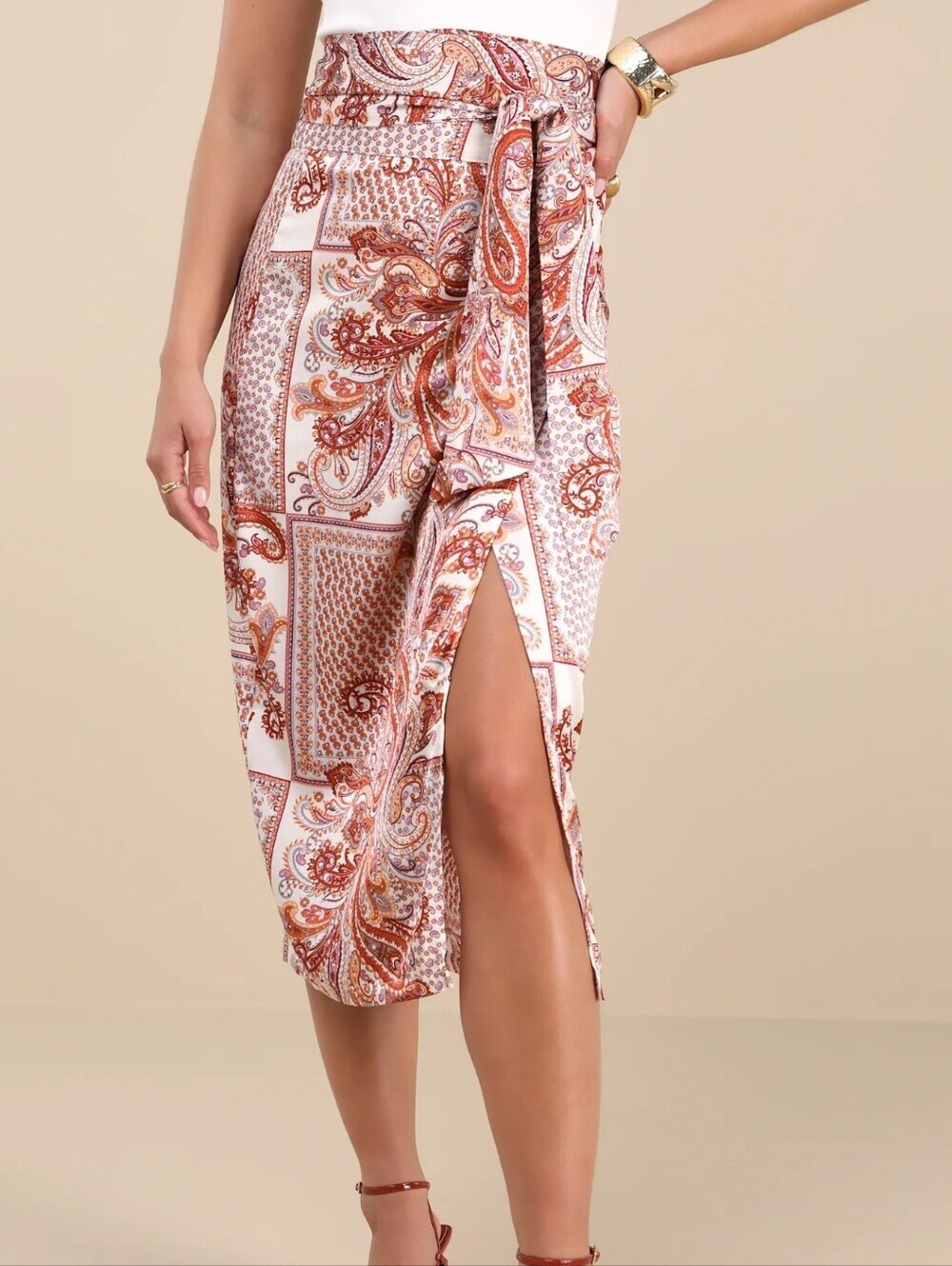 Lulus NEW Pink Paisley Print Take a Walk with Me Satin Warp Skirt SZ Small Boho